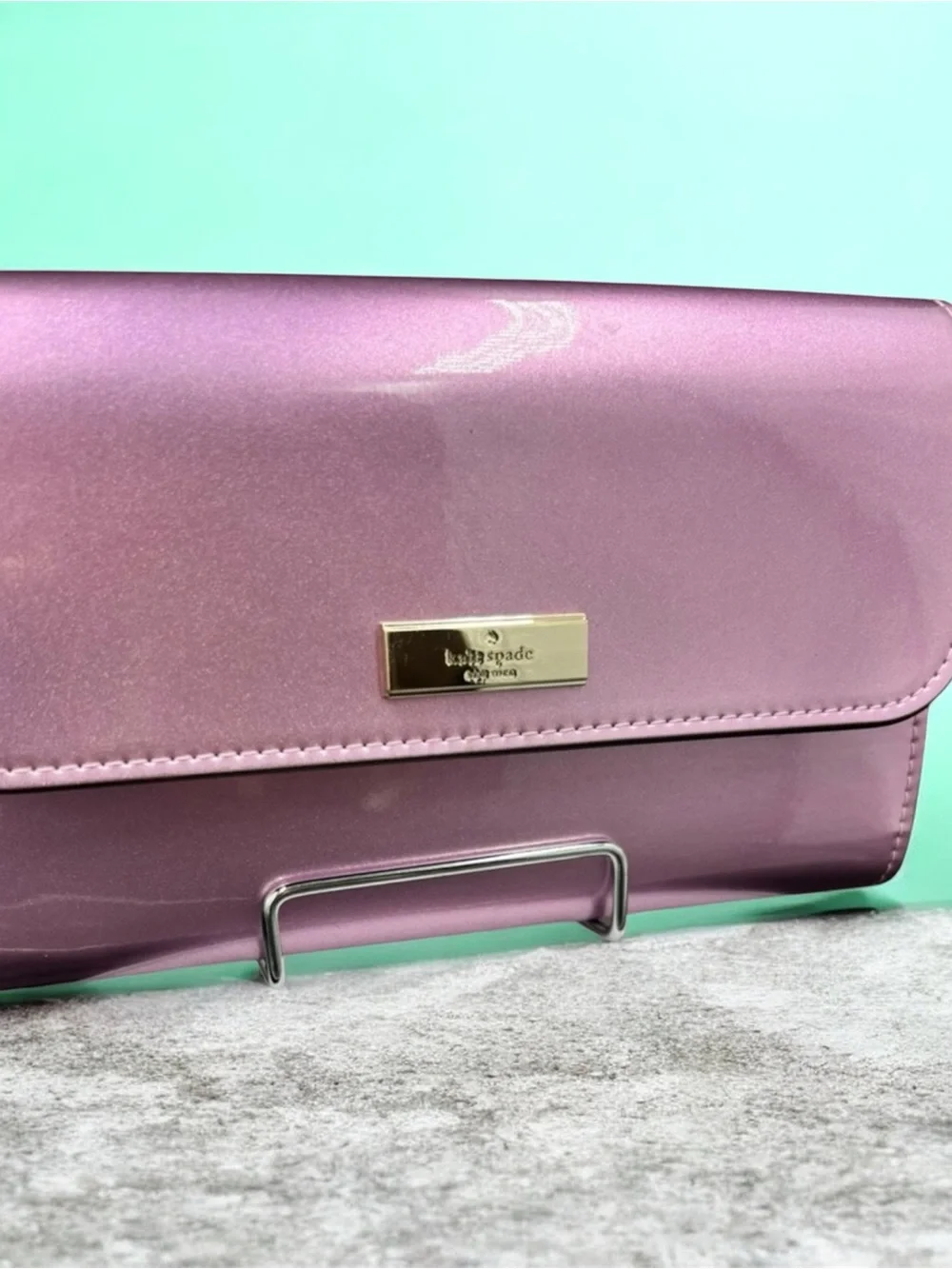 kate spade Metallic Pink Fold-Over Clutch with Gold Plaque